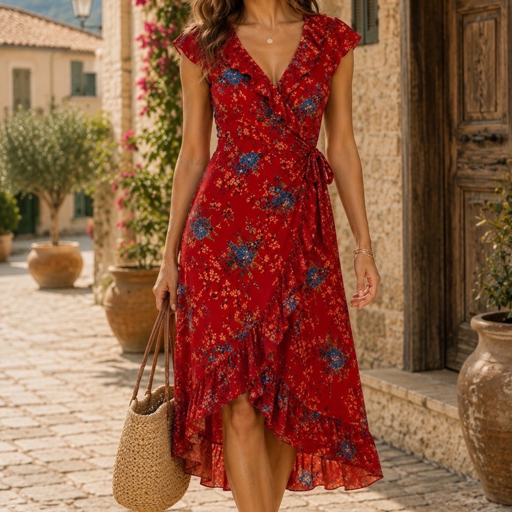 Magnolia Skye Red Floral Ruffle Wrap Dress High Low V-Neck Sz S boho cottagecore